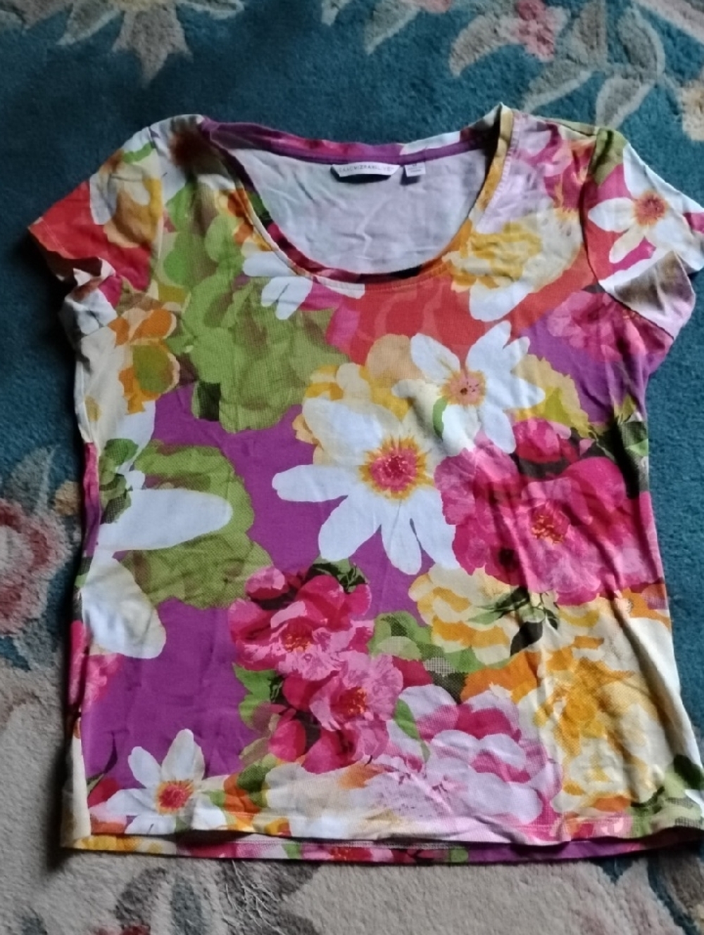 Isaac Mizrahi Pink Multi Floral Scoop Neck Shirt Sleeve Tee Medium
